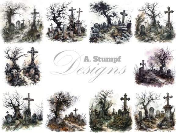 Abandoned Cemetery Watercolor Clipart for Moody Designs