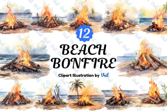 Beach Bonfire Clipart Watercolor Bundle for Cohesive Branding