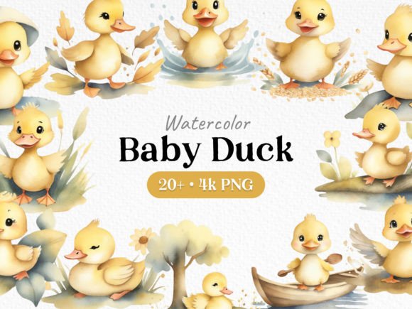 Bundle Watercolor Cute Baby Duck PNG