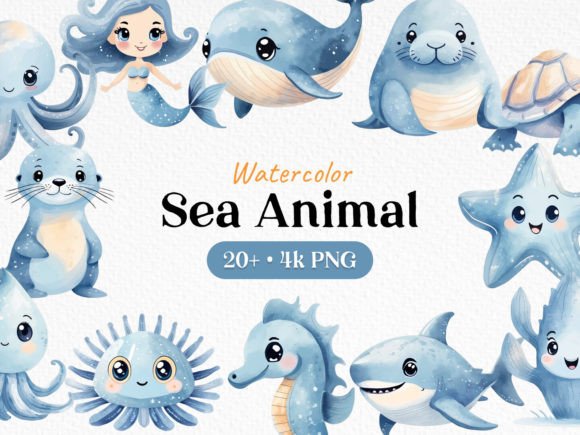 Bundle Watercolor Sea Animals Clipart for Creative Projects