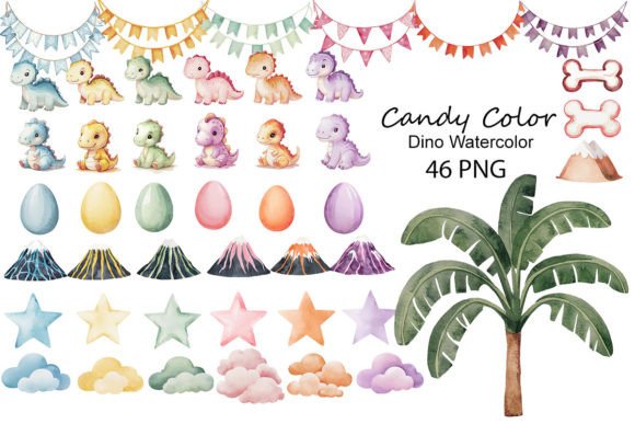 Candy Color Dino Watercolor PNG Clipart