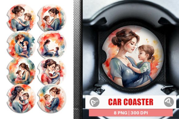 Car Coaster Watercolor Mom and Kid