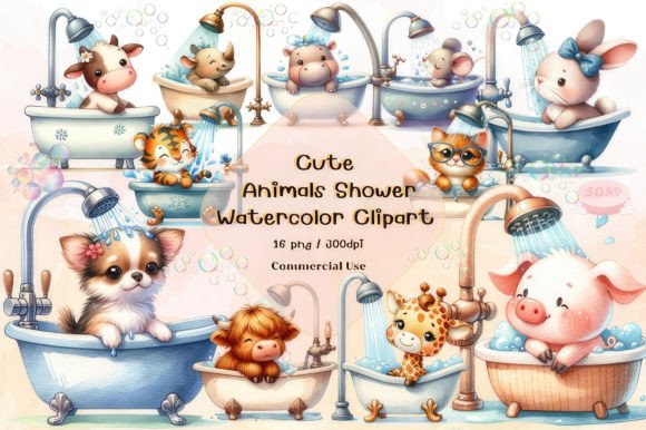 Cute Animals Shower Watercolor Clipart