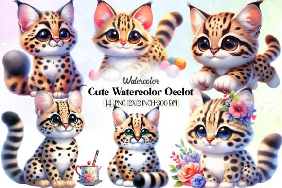 Cute Watercolor Ocelot Bundle for Designers