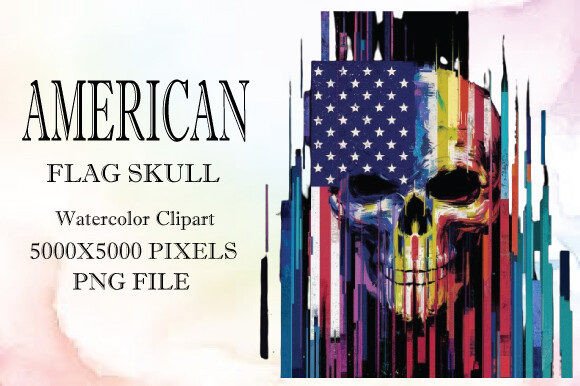 Edgy Patriotism: American Flag Skull Watercolor Clipart 3
