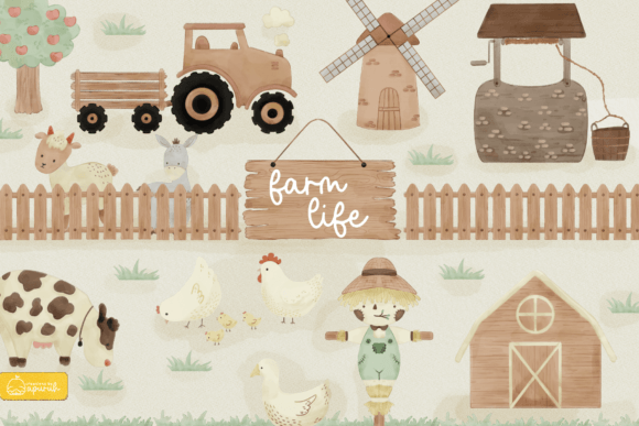 Farm Life Watercolor Clipart for Rustic Branding and Design