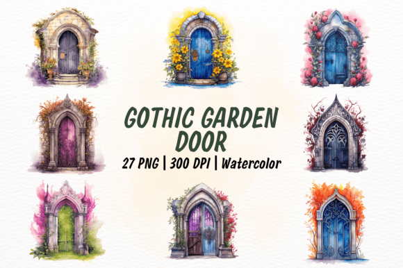 Gothic Garden Door Watercolor Clipart for Creatives