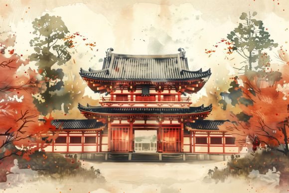 Japanese Red Temple Watercolor Poster: A Font with Spirit and Texture