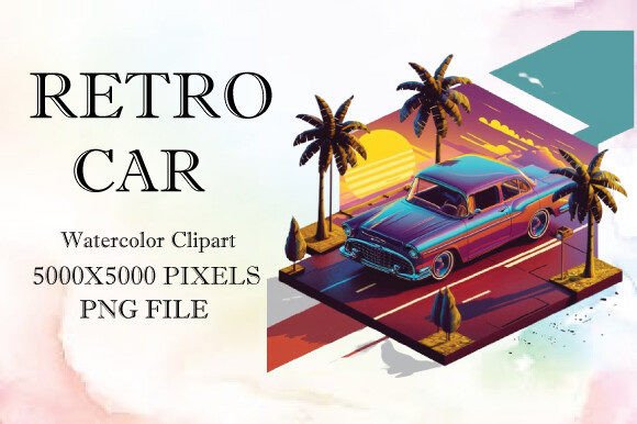 Retro Car Watercolor Clipart 20: Vintage Style Design Assets