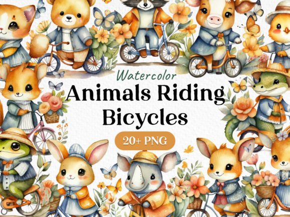 Watercolor Animal Bicycle PNG Bundle for Creative Projects