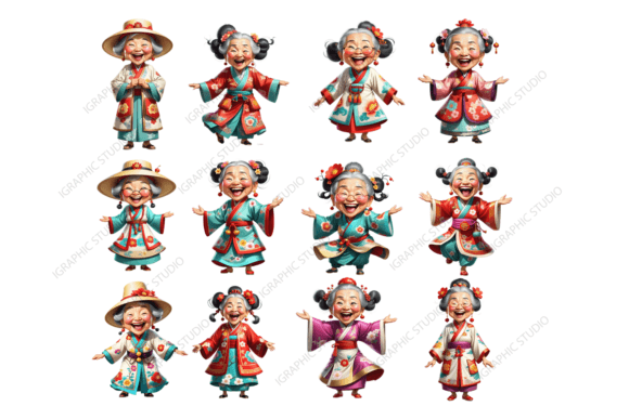Watercolor Asian Old Lady Clipart in Design