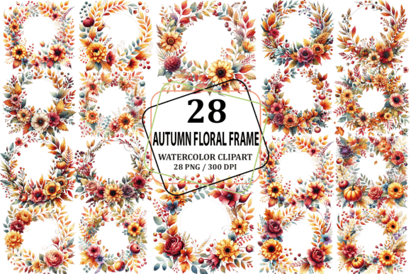 Watercolor Autumn Floral Frame Clipart