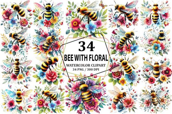 Watercolor Bee with Floral Clipart PNG