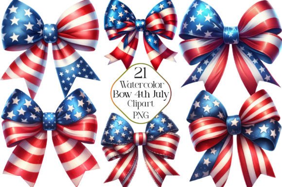Watercolor Bow 4th July USA Clipart for Patriotic Projects