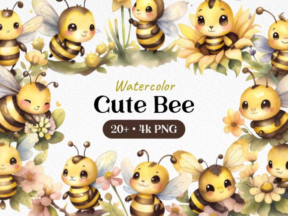 Watercolor Bundle Cute Bee Clipart PNG