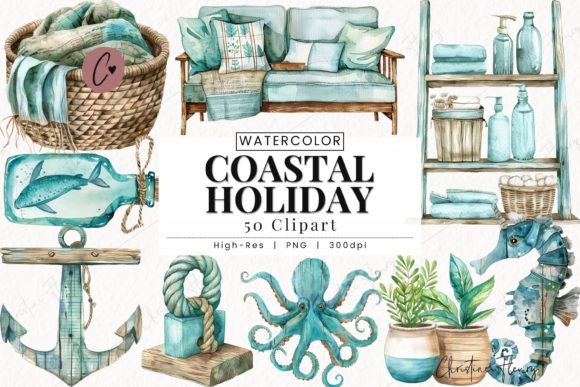 Watercolor Coastal Holiday Clipart for Designers and Creators