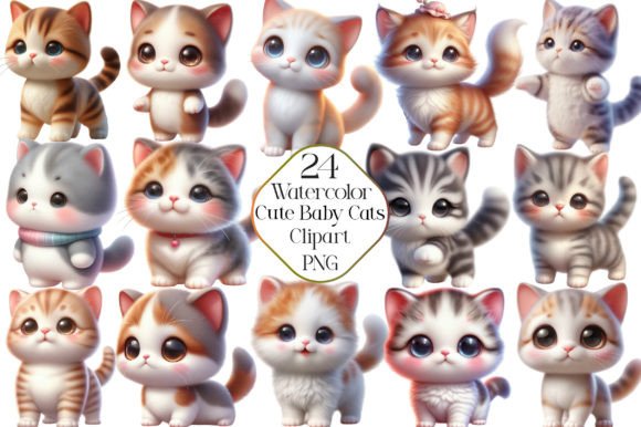 Watercolor Cute Baby Cats Clipart