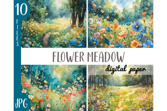 Watercolor Field with Meadow Flowers