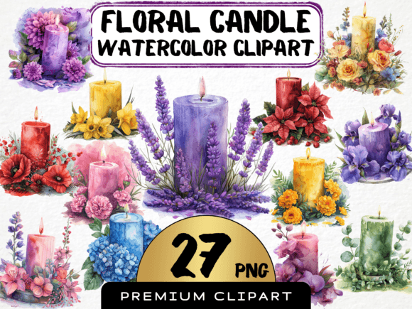 Watercolor Floral Candle Clipart