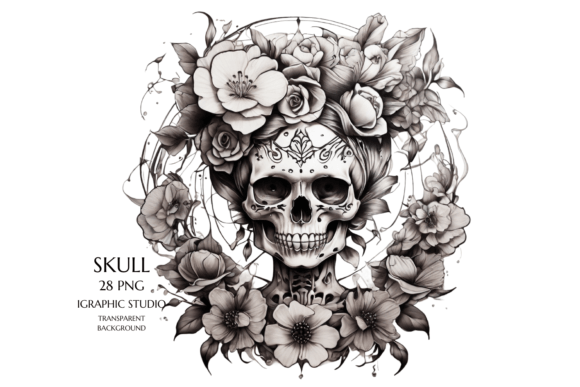 Watercolor Floral Skull Clipart, Gothic Style for Bold Designs
