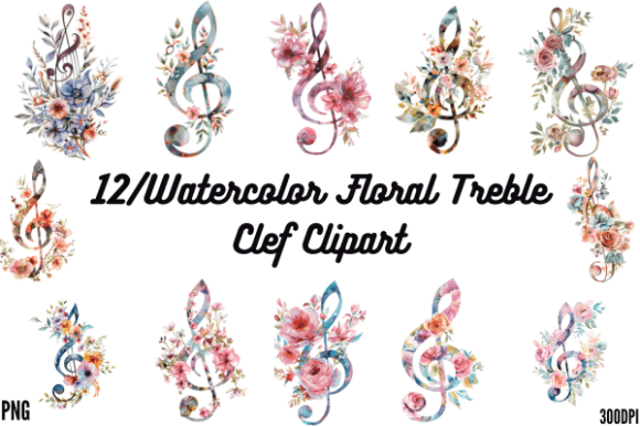 Watercolor Floral Treble Clef Clipart