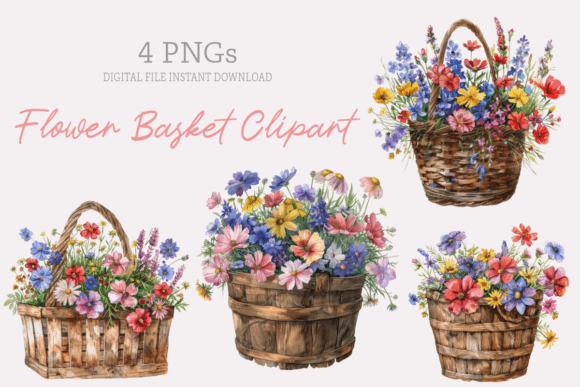 Watercolor Flower Basket Clipart for Branding and Design Projects