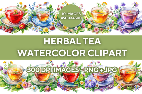 Watercolor Herbal Tea Cup Clipart Bundle