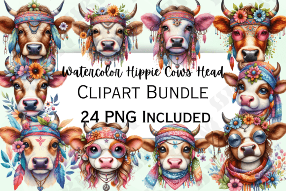 Watercolor Hippie Cows Heads Clipart for Creative Projects