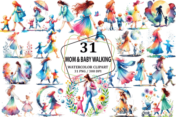 Watercolor Mommy Baby Walking Clipart for Warm Brand Storytelling