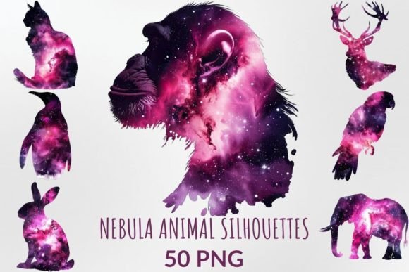 Watercolor Nebula Animal Silhouettes