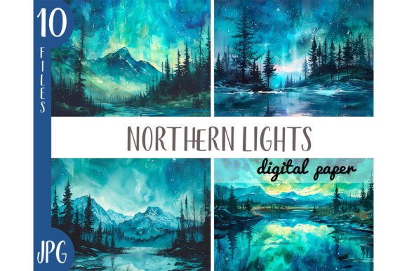 Watercolor Northern Lights Clipart JPG: Design Assets with Atmospheric Depth