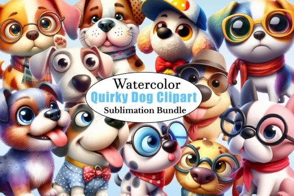 Watercolor Quirky Dog PNG Clipart Bundle for Creative Projects