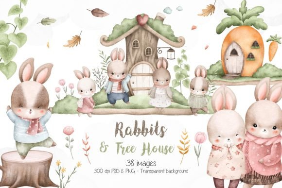 Watercolor Rabbits and Tree House: Crafting Whimsy
