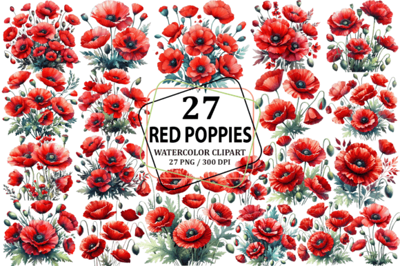 Watercolor Red Poppies Clipart Design
