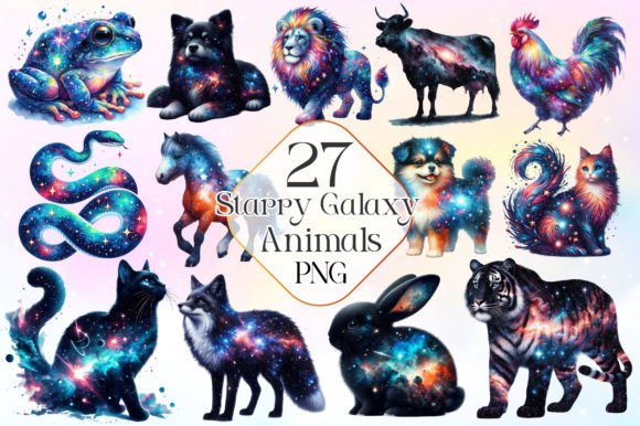 Watercolor Starry Galaxy Animals Clipart for Dreamy Branding and Design