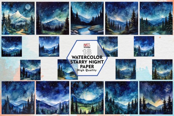 Watercolor Starry Night Paper Clipart