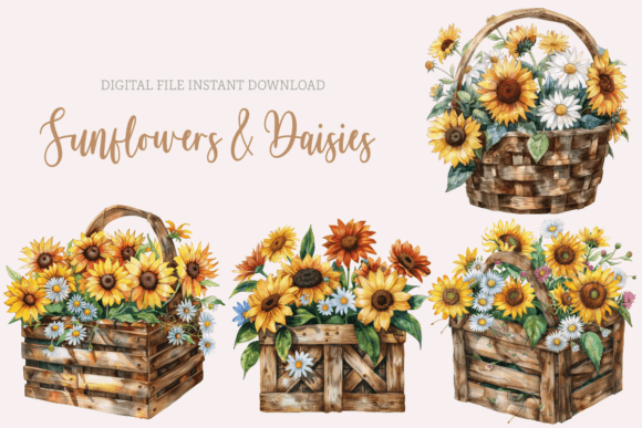 Watercolour Sunflowers Basket Clipart for Warm Branding